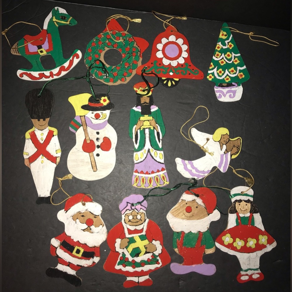12 Vintage Flat Wooden Christmas Ornaments Hand Painted Double Sided